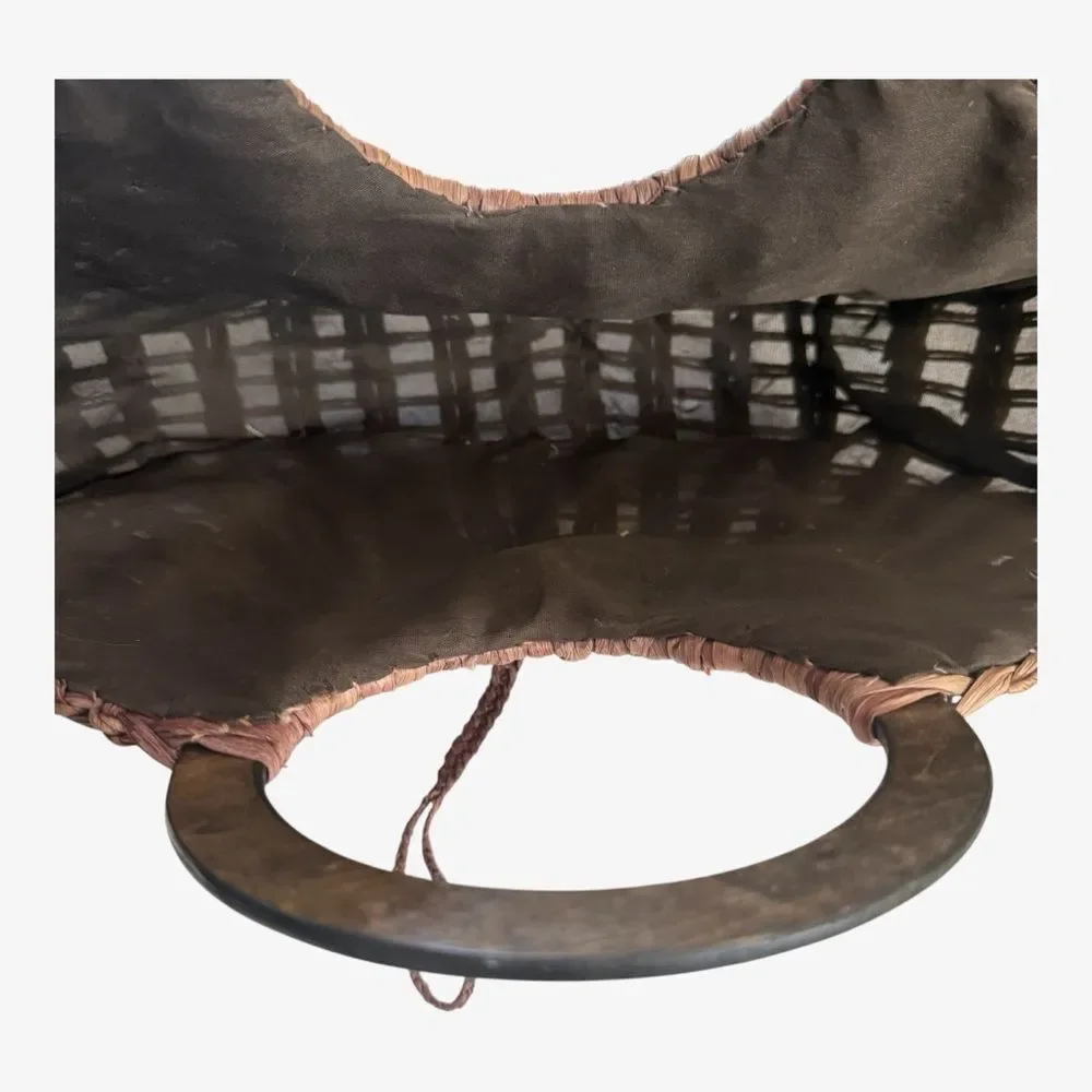 Woven Tan Handbag with Circular Wooden Handles